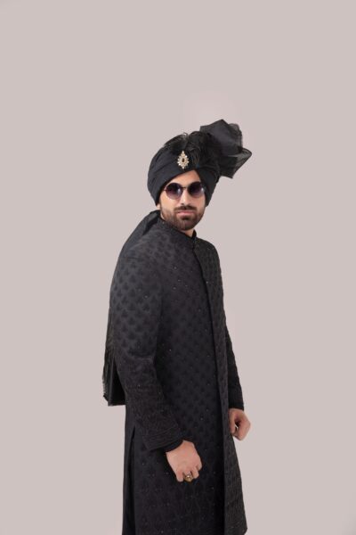 Imperial Black Sherwani for groom with Exquisite Embroidery - Black sherwani of Naushemian by Nauman Arfeen