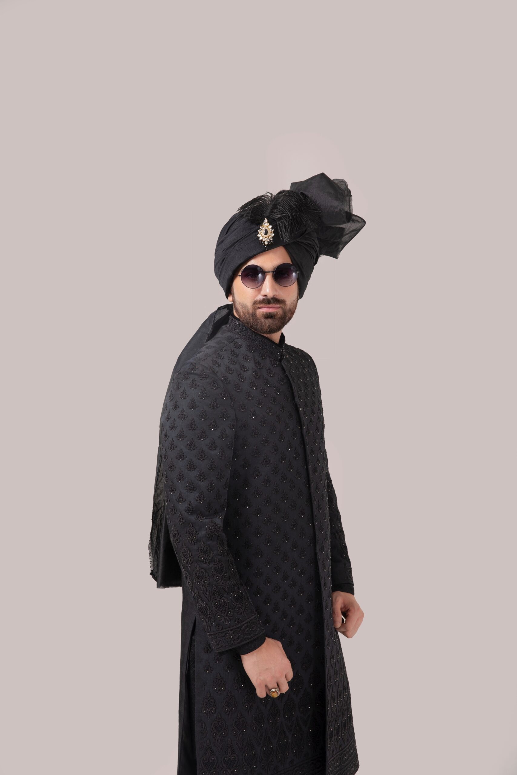 Imperial Black Sherwani for groom with Exquisite Embroidery - Black sherwani of Naushemian by Nauman Arfeen