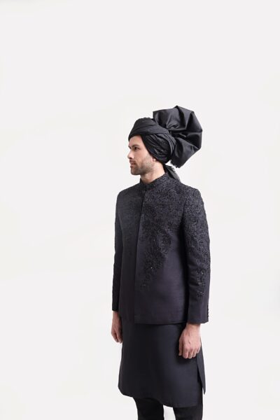 Black Prince Coat with Embroidered Front and Back
