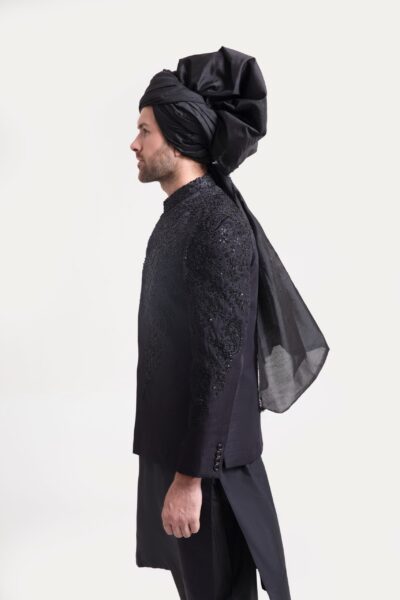 Black Prince Coat with Embroidered Front and Back