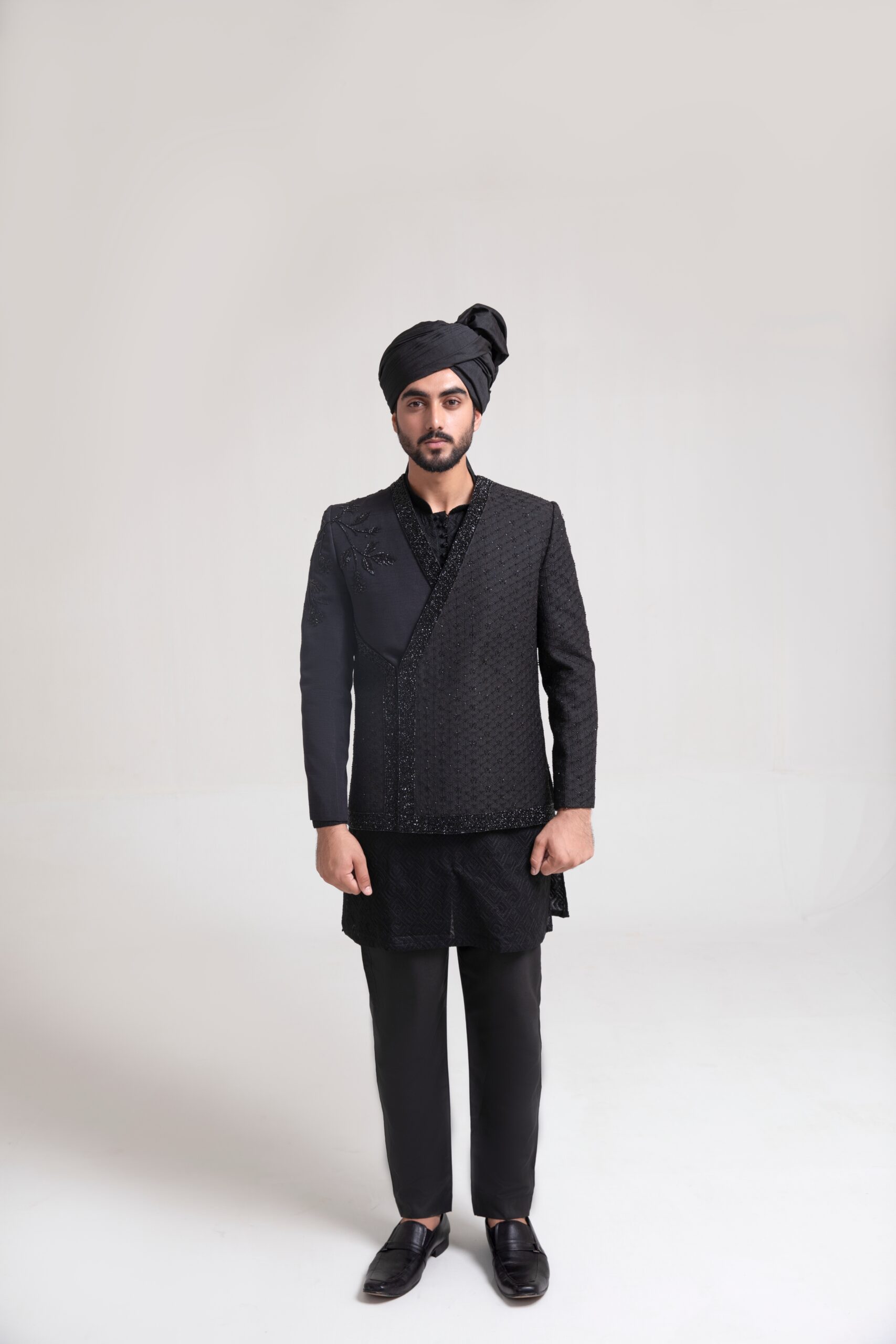B612_20241118_235042_769 Embroidered Black Prince Coat for men - Buy Prince coat of naushemian by Nauman Arfeen