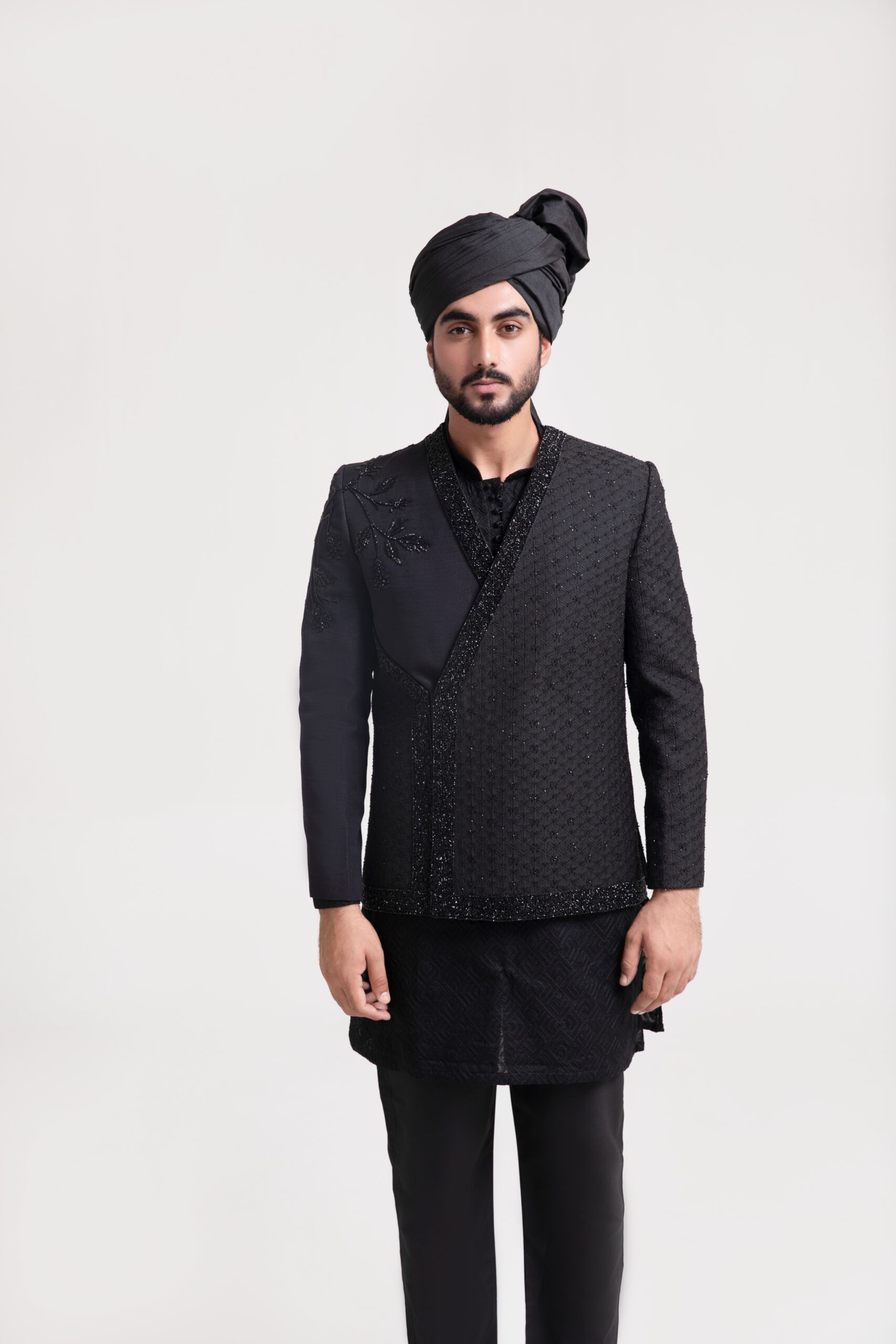 B612_20241118_235101_879 Embroidered Black Prince Coat for men - Buy Prince coat of naushemian by Nauman Arfeen