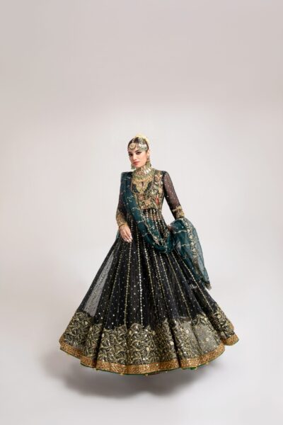 Black Bridal Gown with Heavy Gold Accents & Matching Dupatta | Luxury Wedding Dress | Perfect for Elegant Wedding