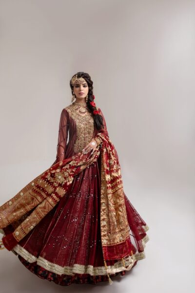 Stunning Maroon Bridal Gown with Intricate Gold Embroidery