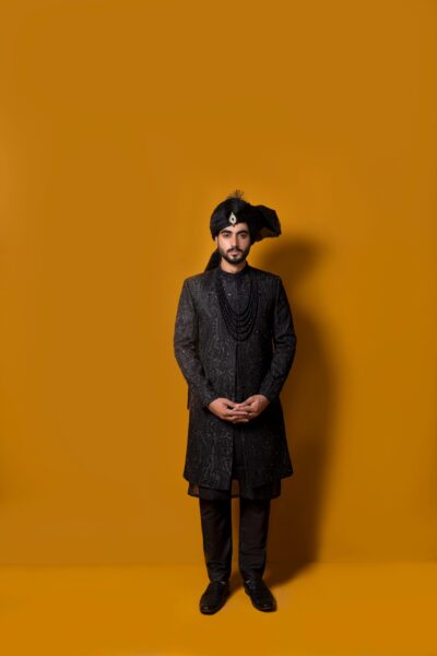 heavily embroidered Black Sherwani - black sherwani for groom