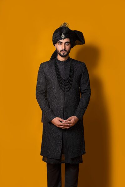 heavily embroidered Black Sherwani - black sherwani for groom