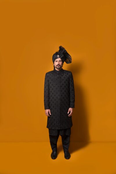 heavily embroidered Black Sherwani - black sherwani for groom