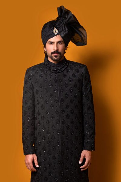 heavily embroidered Black Sherwani - black sherwani for groom