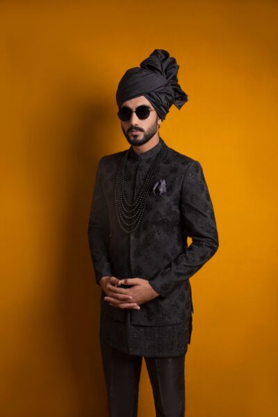 Regal Black Prince Coat for Men with Embroidered Chikankari Kurta & Pyjamas