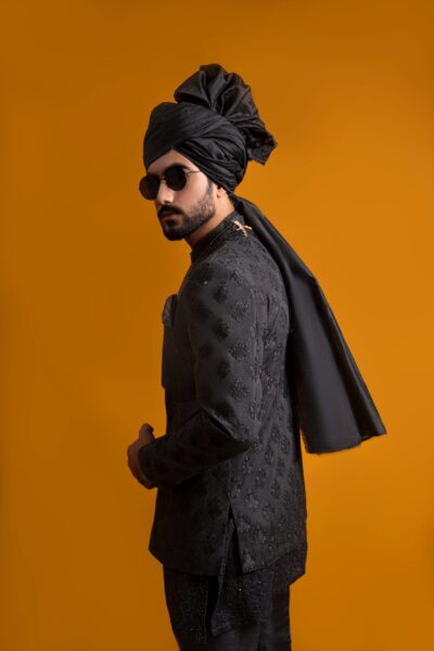 Regal Black Prince Coat for Men with Embroidered Chikankari Kurta & Pyjamas