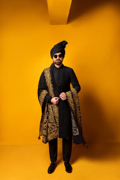 black sherwani for men - black and gold sherwani for groom