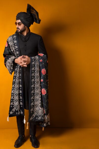 black sherwani, black sherwani for men, mens black sherwani, black sherwani for groom