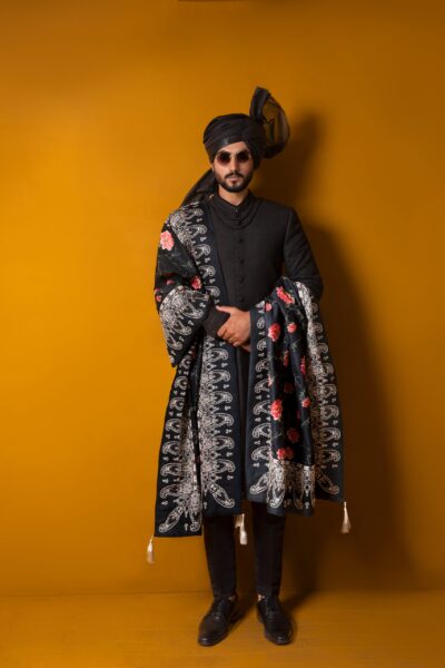 black sherwani, black sherwani for men, mens black sherwani, black sherwani for groom