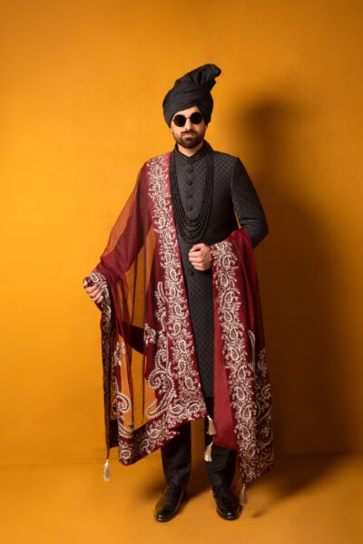 black sherwani, designer black sherwani for men, mens black sherwani, black sherwani for groom