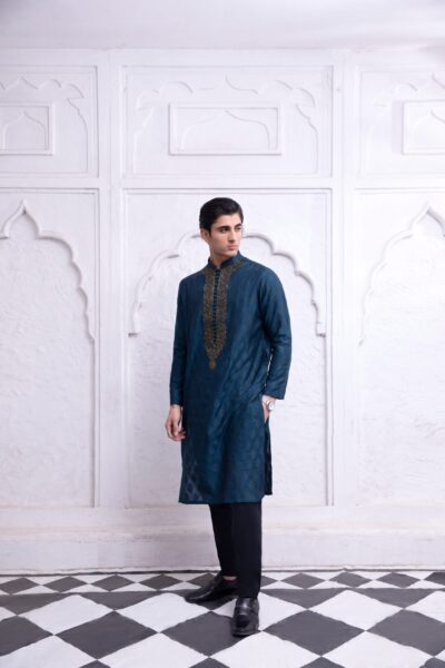 jamwar blue kurta with self motifs front embroidery hook buttons
