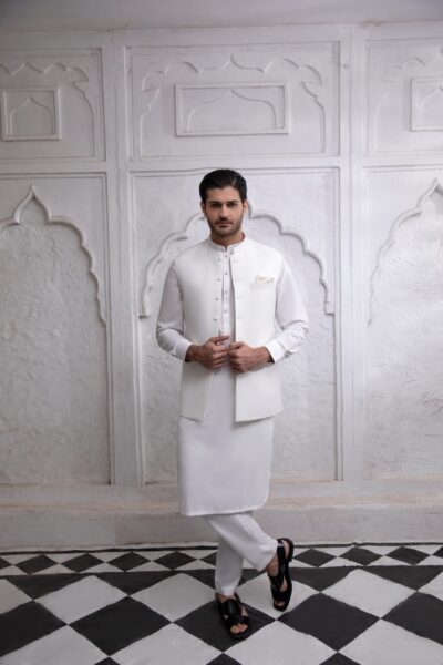 Plain White Waistcoat for men in Suiting Blended Fabric with white kurta pajama in boski