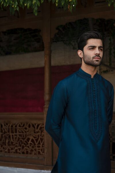 stunning men's blue kurta with front embroidery