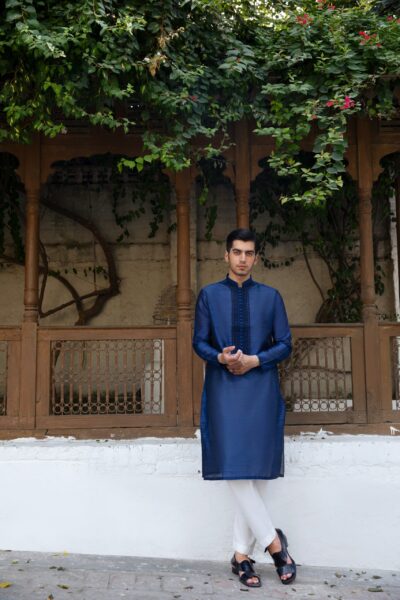 Men's Blue Kurta | Hand Embroidered | Synthetic Raw Silk