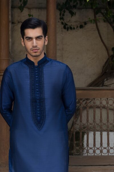 Men's Blue Kurta | Hand Embroidered | Synthetic Raw Silk