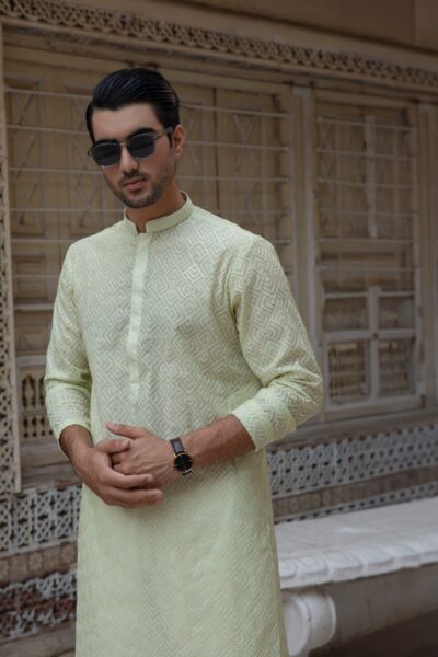 Mint Green Chikankari Kurta for Men | Formal Wear with White Pyjama