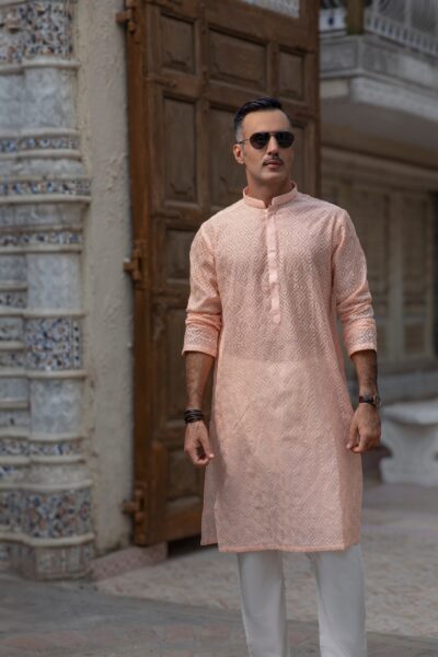 Light Peach Chikankari Kurta for Men | Elegant Formal Wear