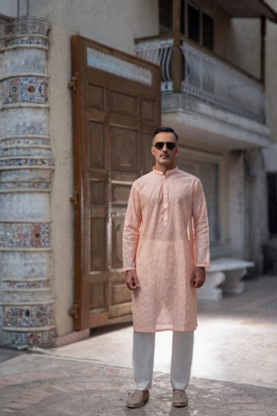 Light Peach Chikankari Kurta for Men | Elegant Formal Wear