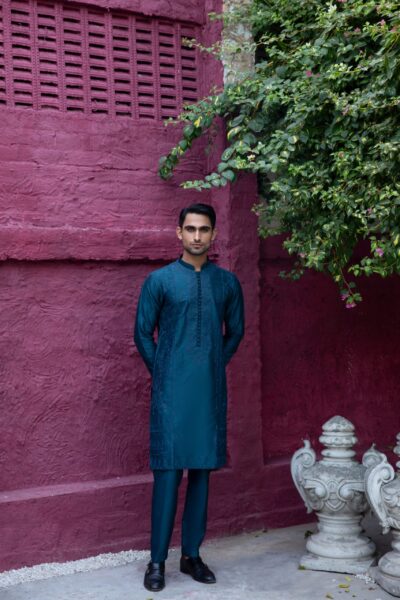 Luxe embroidered men's kurta made from luxurious synthetic raw silk, featuring intricate embroidery and perfect for formal events, weddings, and festivals