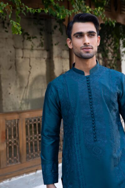 Luxe embroidered men's kurta made from luxurious synthetic raw silk, featuring intricate embroidery and perfect for formal events, weddings, and festivals