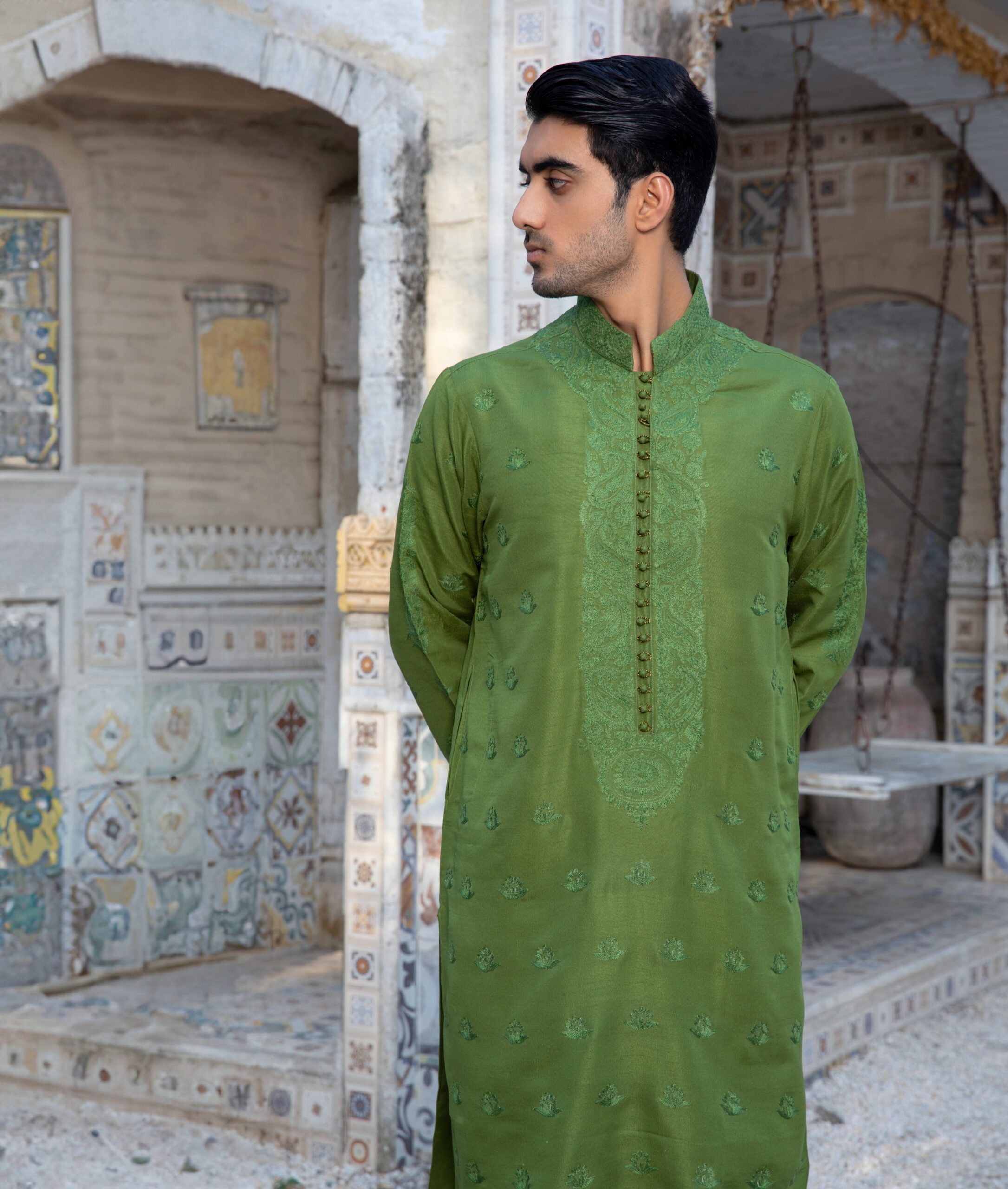 B612_20250320_184911_336 Men's traditional green kurta pajama set with intricate embroidery and comfortable fit, perfect for formal events and weddings