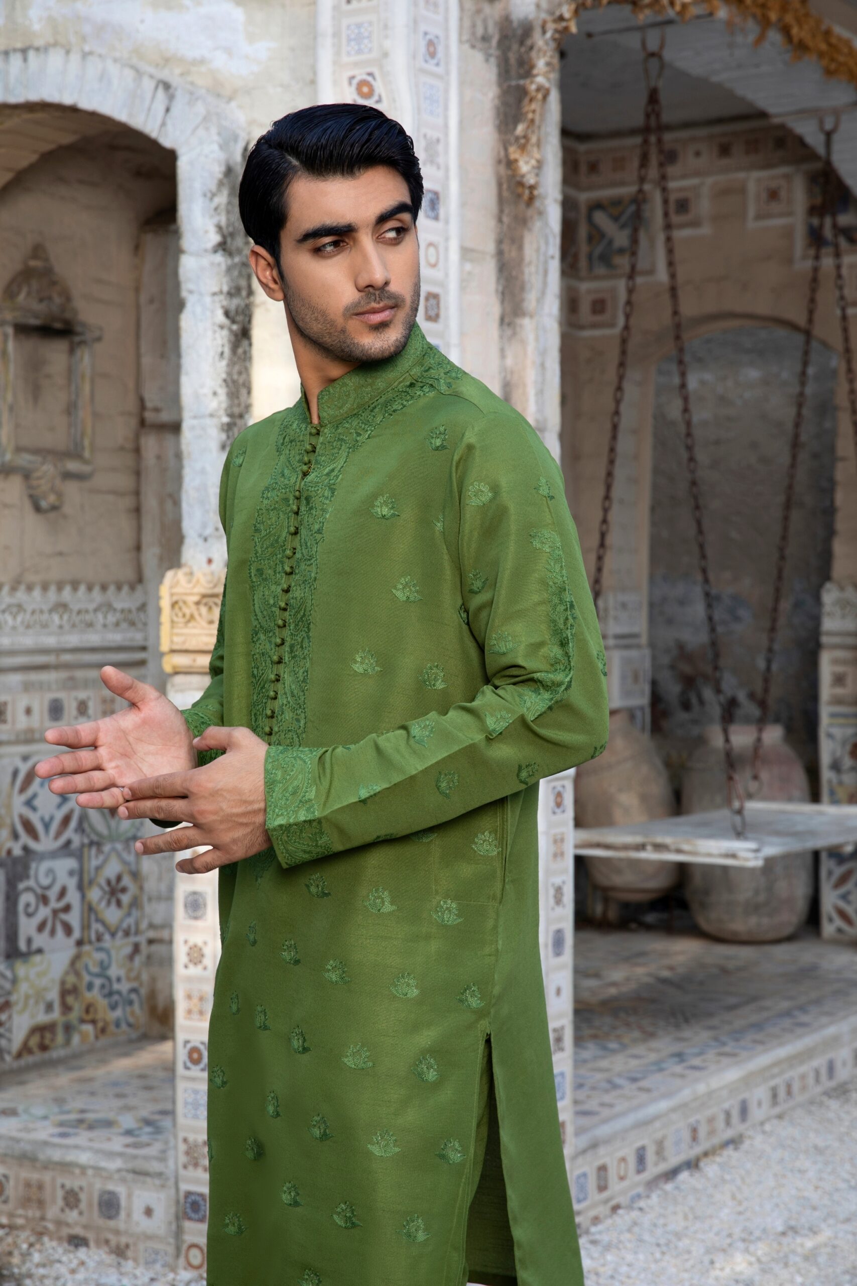 B612_20250320_185011_073 Men's traditional green kurta pajama set with intricate embroidery and comfortable fit, perfect for formal events and weddings