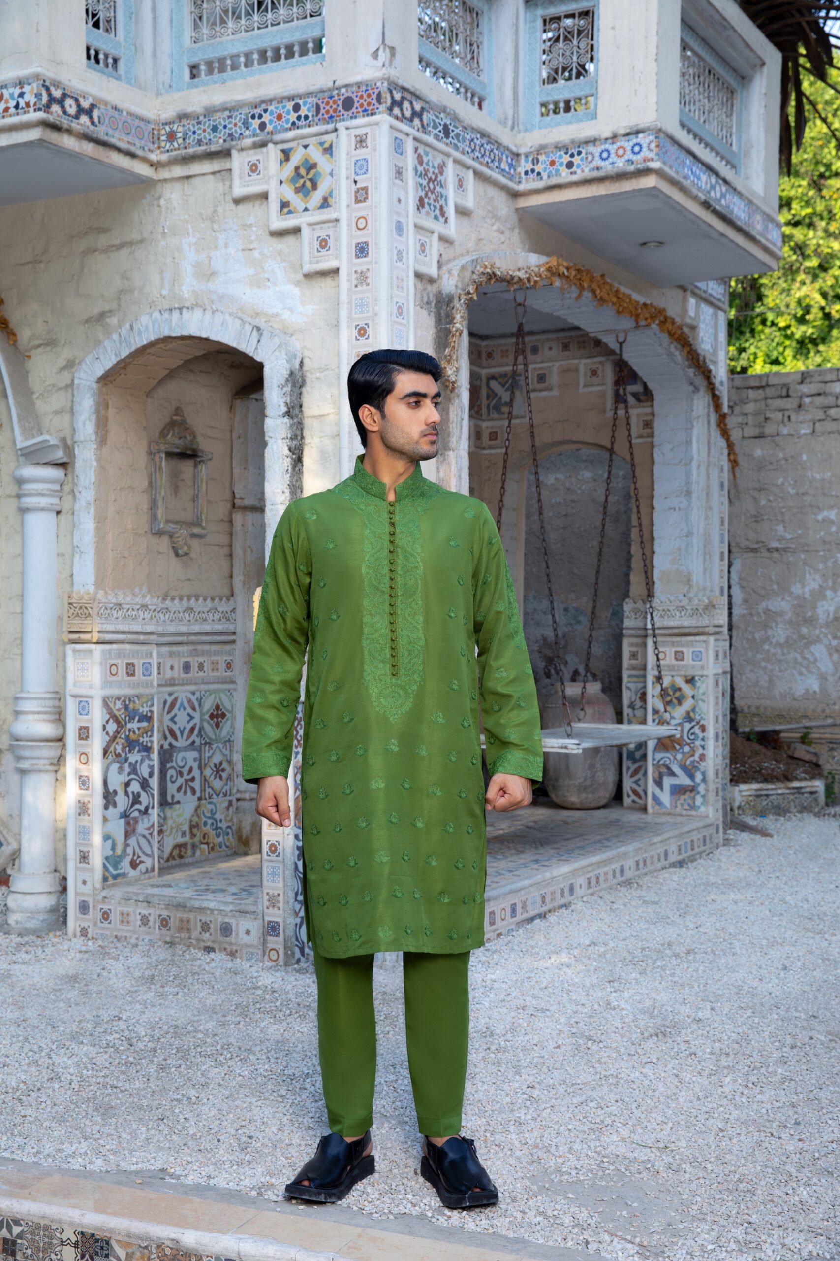 B612_20250320_185105_175 Men's traditional green kurta pajama set with intricate embroidery and comfortable fit, perfect for formal events and weddings