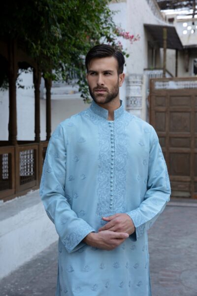 Blue men's kurta made from synthetic raw silk, featuring intricate front and collar embroidery and loop buttons, perfect for formal events and special occasions