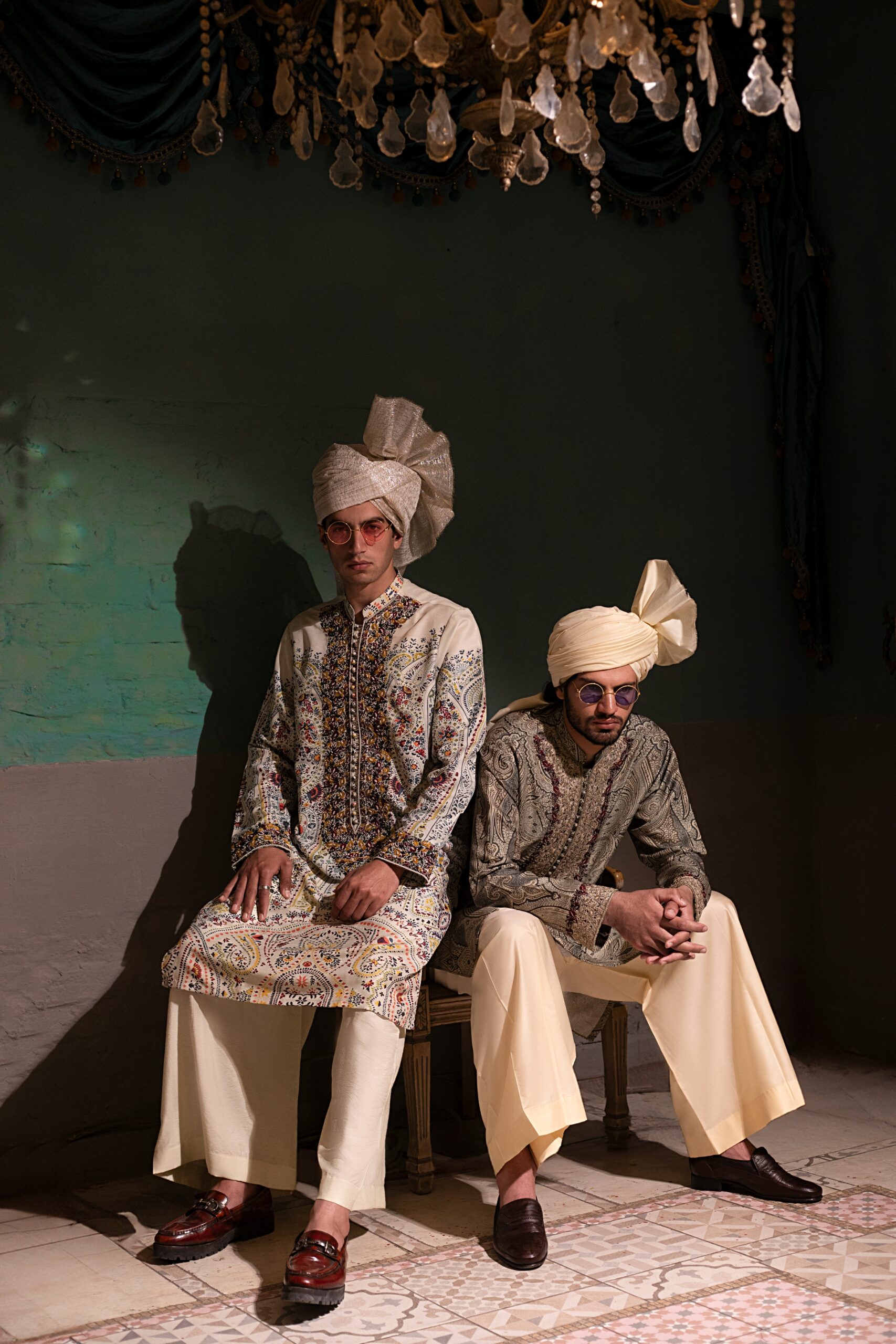 Raw silk mens kurta by naushemian by nauman arfeen with matching trousers and turban