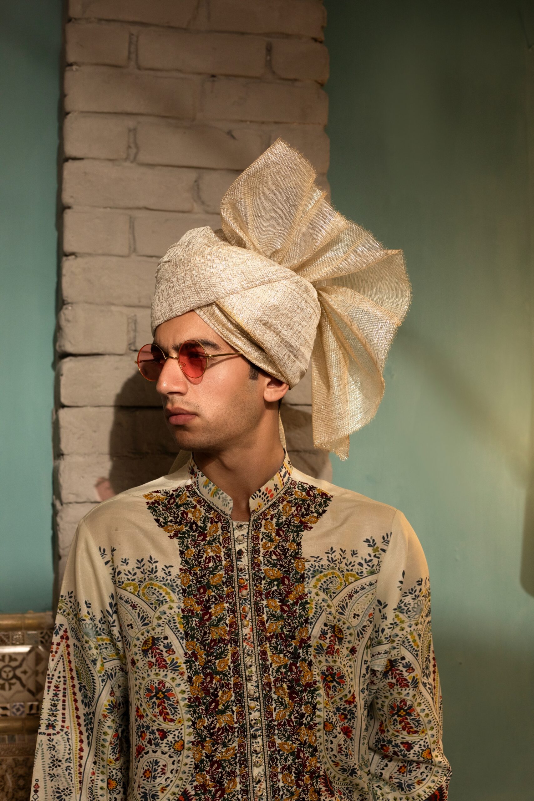 Raw silk mens kurta by naushemian by nauman arfeen with matching trousers and turban