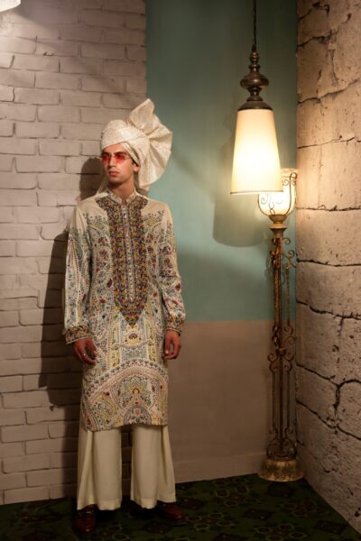 Raw silk mens kurta by naushemian by nauman arfeen with matching trousers and turban