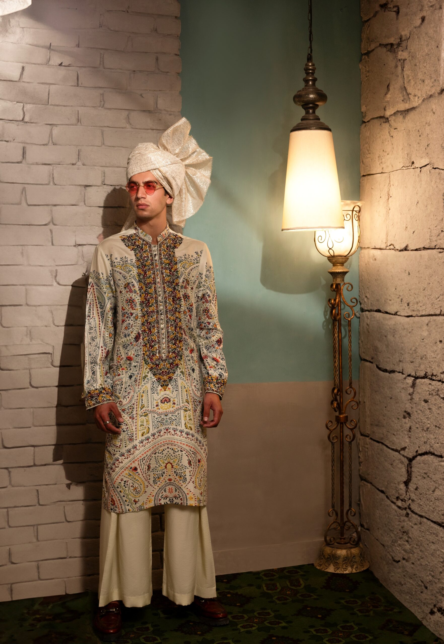 Raw silk mens kurta by naushemian by nauman arfeen with matching trousers and turban