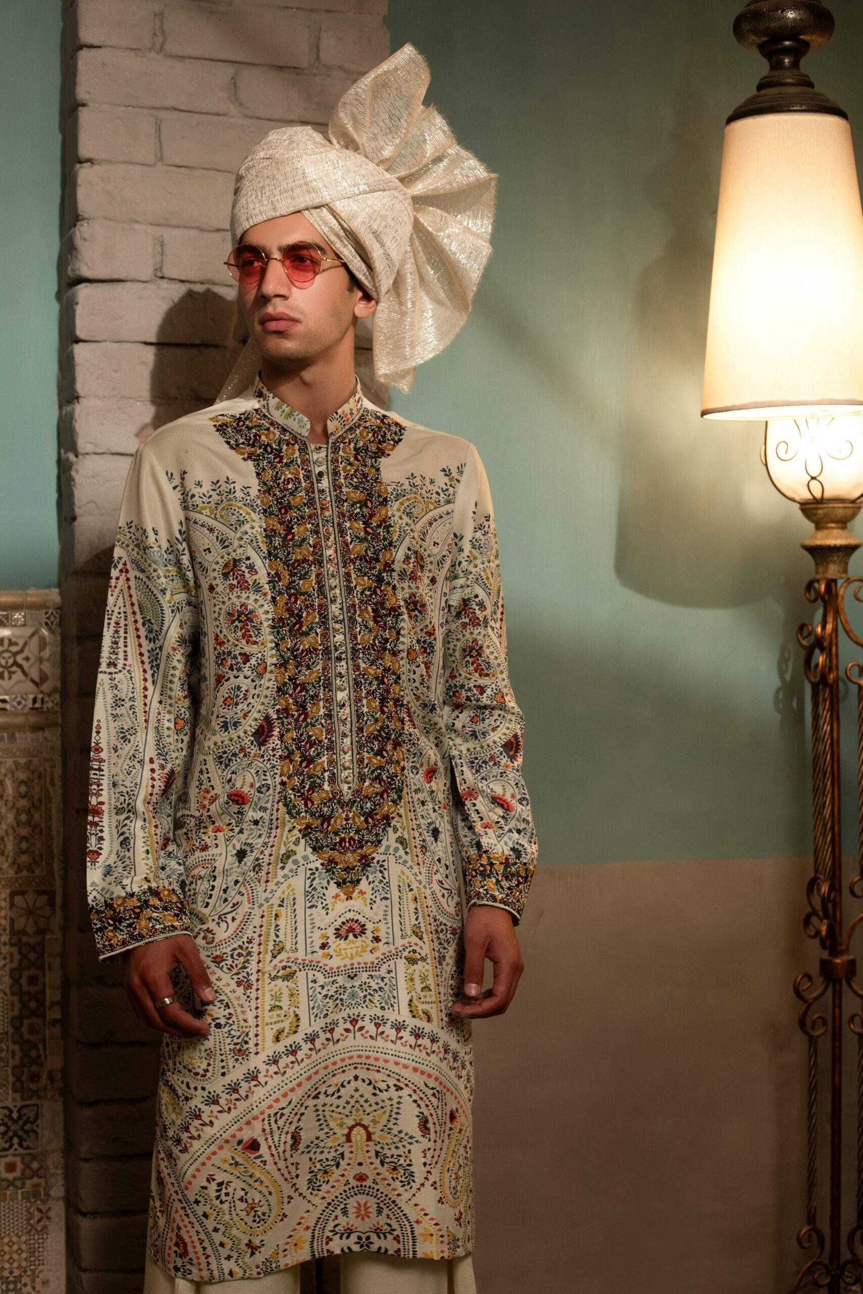 Raw silk mens kurta by naushemian by nauman arfeen with matching trousers and turban