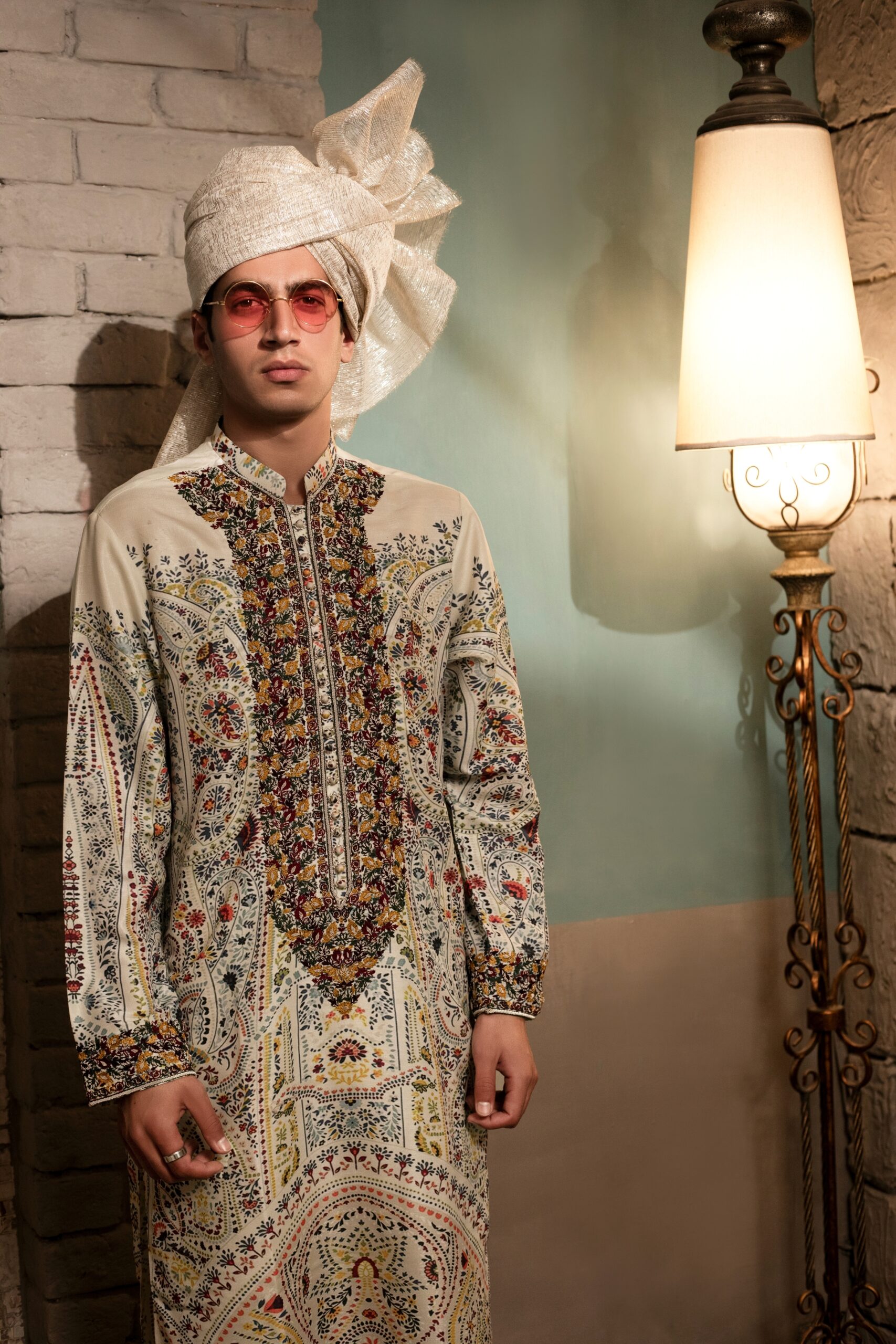 Raw silk mens kurta by naushemian by nauman arfeen with matching trousers and turban
