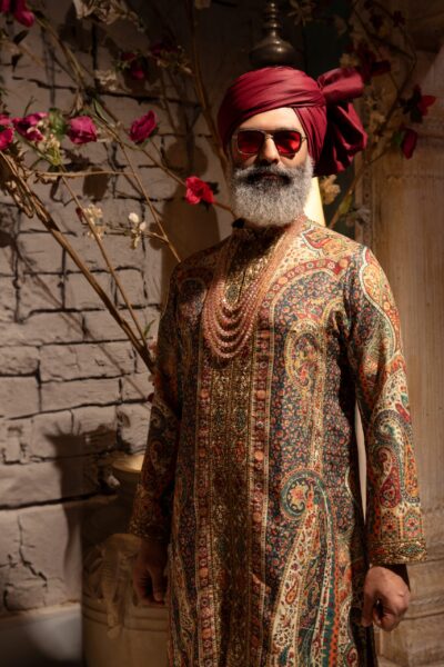 Gold Majestic Mens Kurta by Nauman Arfeen, made from premium synthetic silk