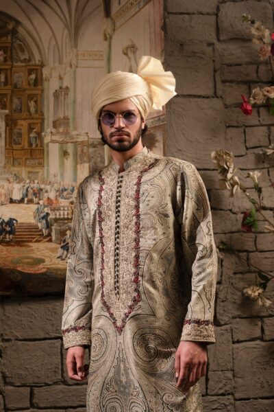Luxurious Men's Kurta | Synthetic Raw Silk, Taupe & Firewood Brown Digital Prints, Embroidered Details