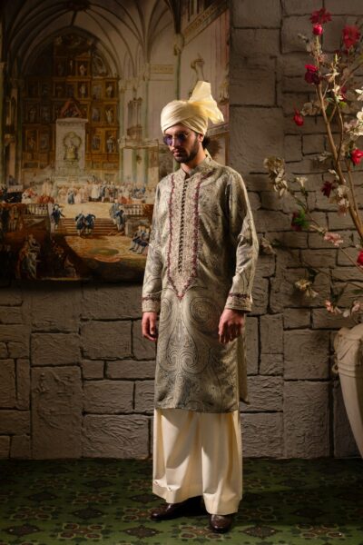 Luxurious Men's Kurta | Synthetic Raw Silk, Taupe & Firewood Brown Digital Prints, Embroidered Details