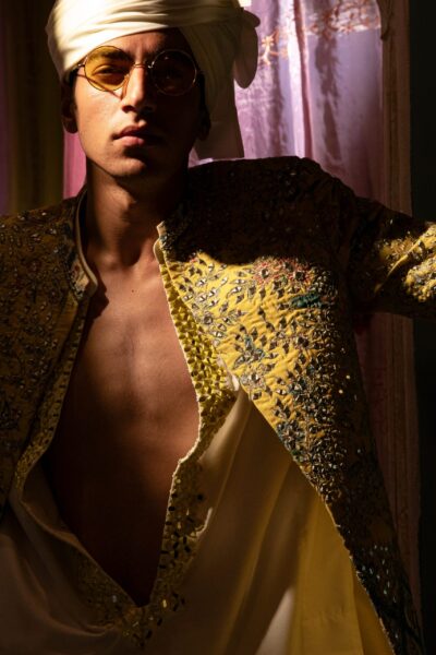 Mehendi Prince Coat with heavily embroidered mirror work and intricate mehendi designs