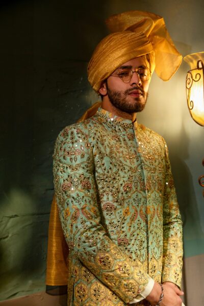 Majestic Prince Coat with Mirror Work & Lace Motifs