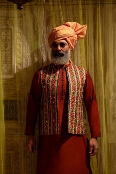 red and orange men's waistcoat, perfect for Mehendi, weddings, and traditional events