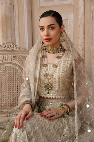 Bridal Lehenga Choli with Heavy Embroidery, Mirror Work, and Fully Embroidered Net Dupatta – A Dreamy Bridal Dress in Rose Gold and Pastel Shades