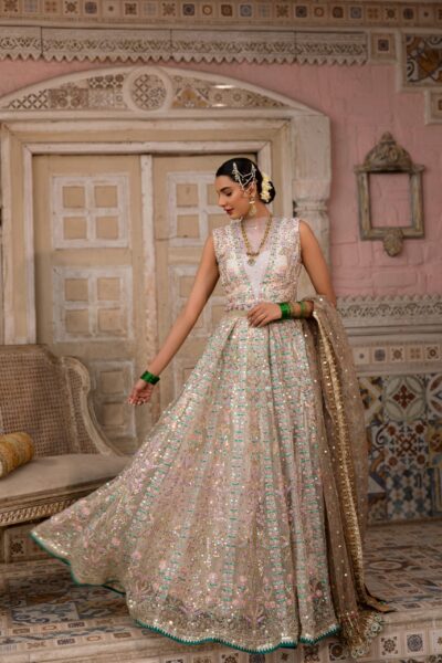 Celestial Bridal Gown with Mirror Work, Heavy Embroidery, and Zari Detailing – A Dreamy Wedding Dress in Mehendi Pastel Shades
