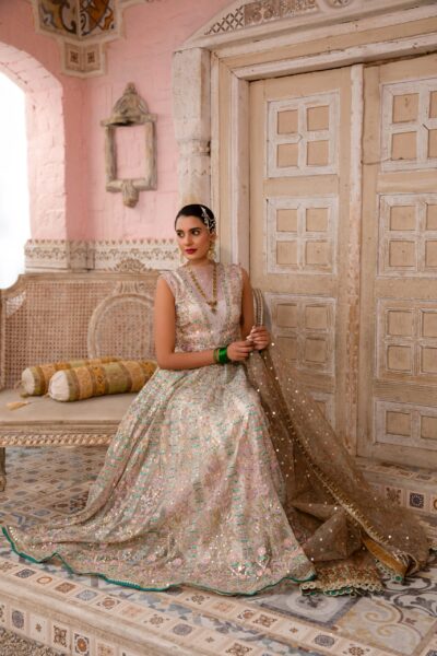Celestial Bridal Gown with Mirror Work, Heavy Embroidery, and Zari Detailing – A Dreamy Wedding Dress in Mehendi Pastel Shades