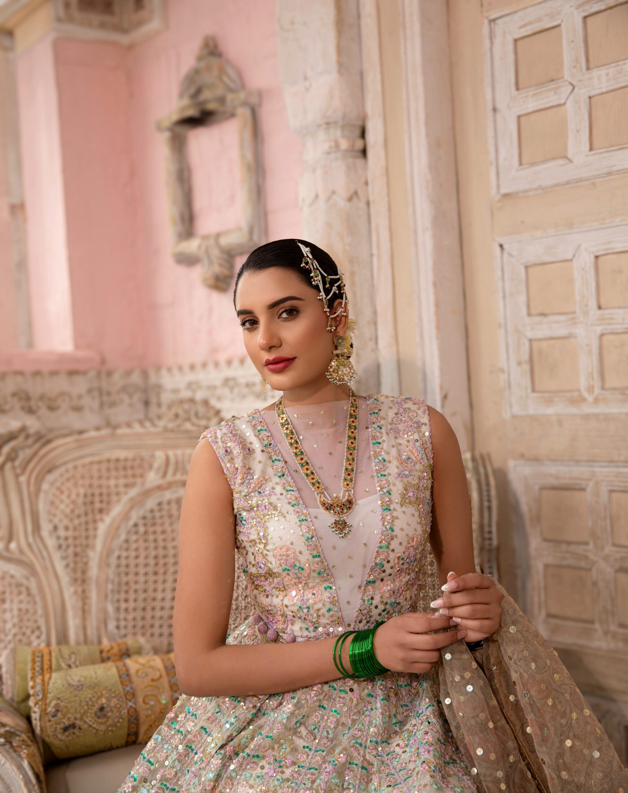 B612_20250513_173258_305 Celestial Bridal Gown with Mirror Work, Heavy Embroidery, and Zari Detailing โ A Dreamy Wedding Dress in Mehendi Pastel Shades
