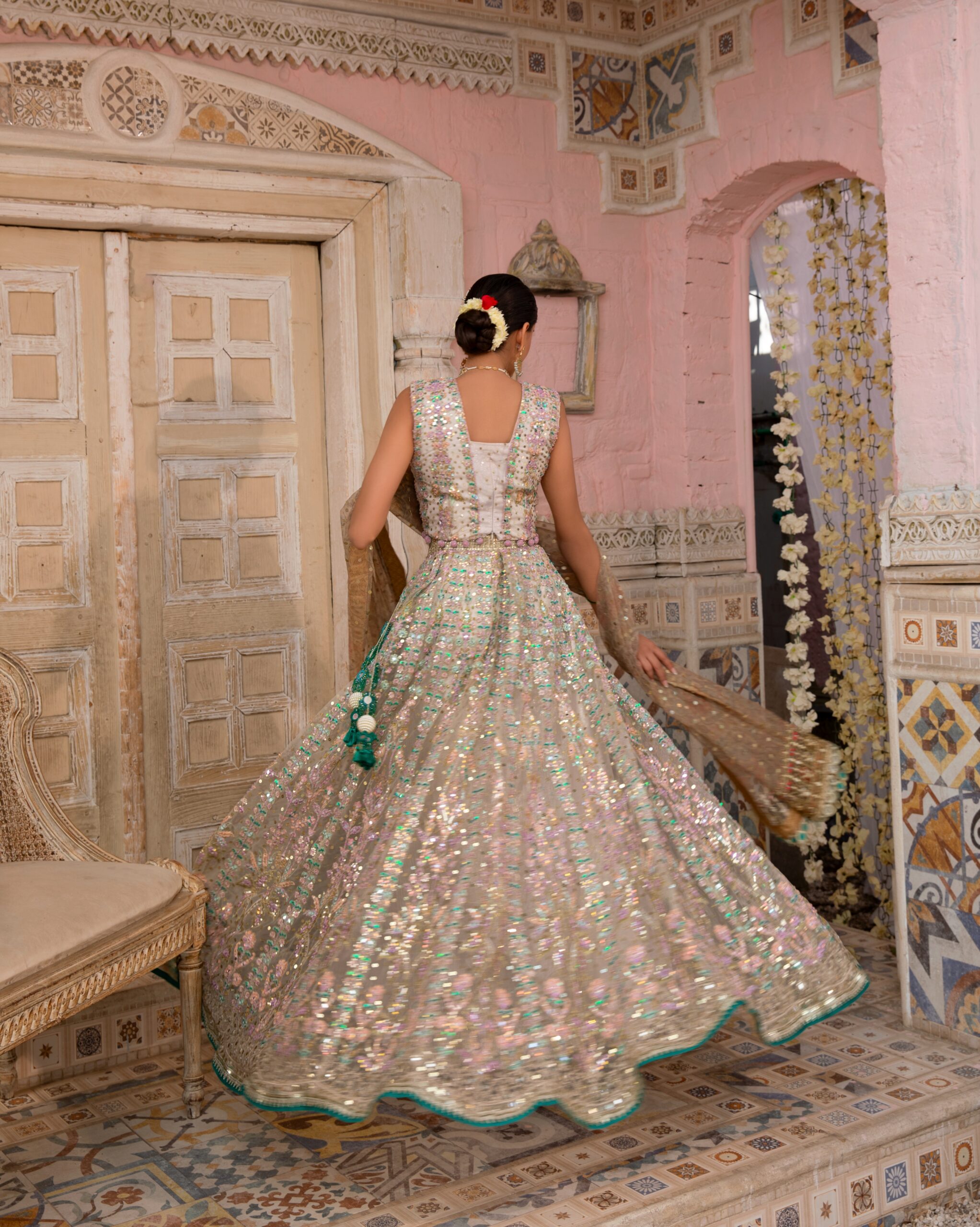 B612_20250513_173328_132 Celestial Bridal Gown with Mirror Work, Heavy Embroidery, and Zari Detailing โ A Dreamy Wedding Dress in Mehendi Pastel Shades