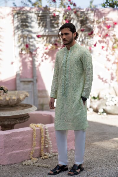 Luxe Mirror Embroidered Kurta for Men in Mint Green – Exquisite Chikankari Craftsmanship